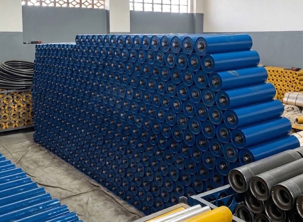 Roletes de retorno azuis empilhados no galpão de produção